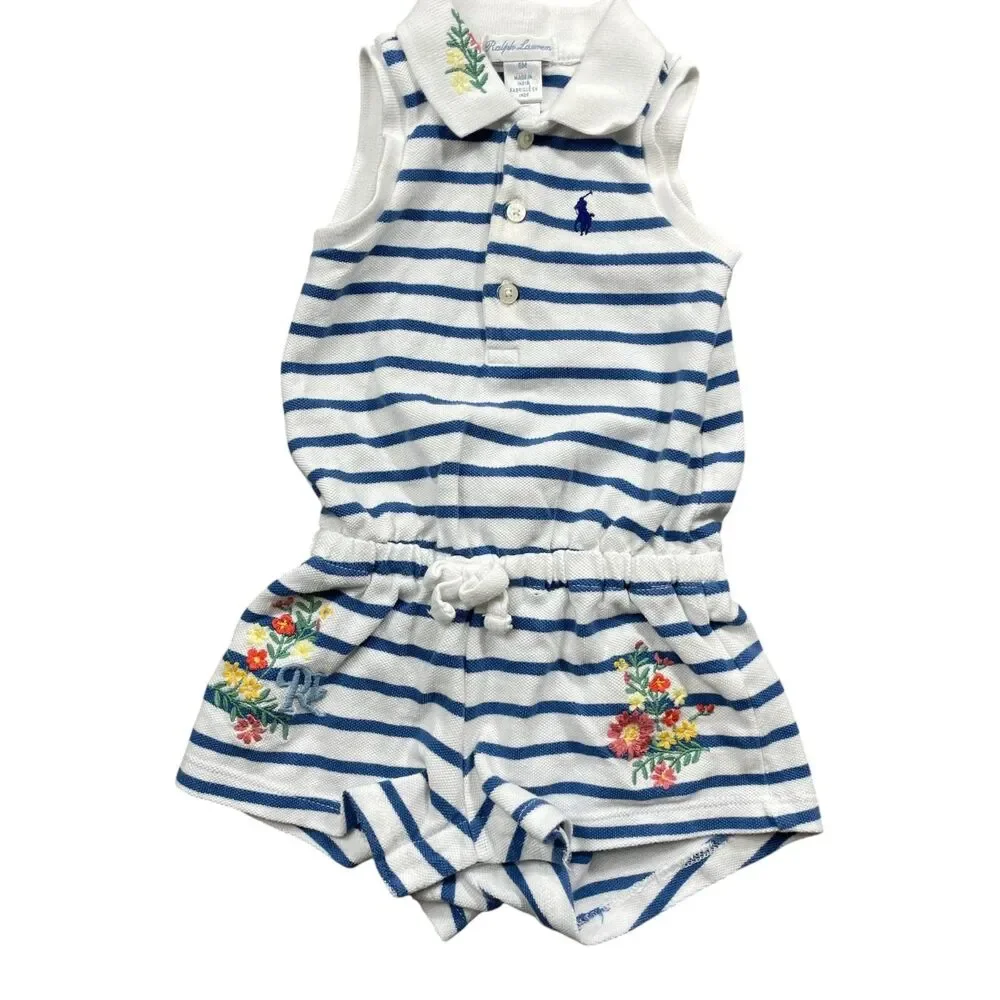 Ralph Lauren Infants 6‎ Month Romper Blue White Strip Embroidered Flowers